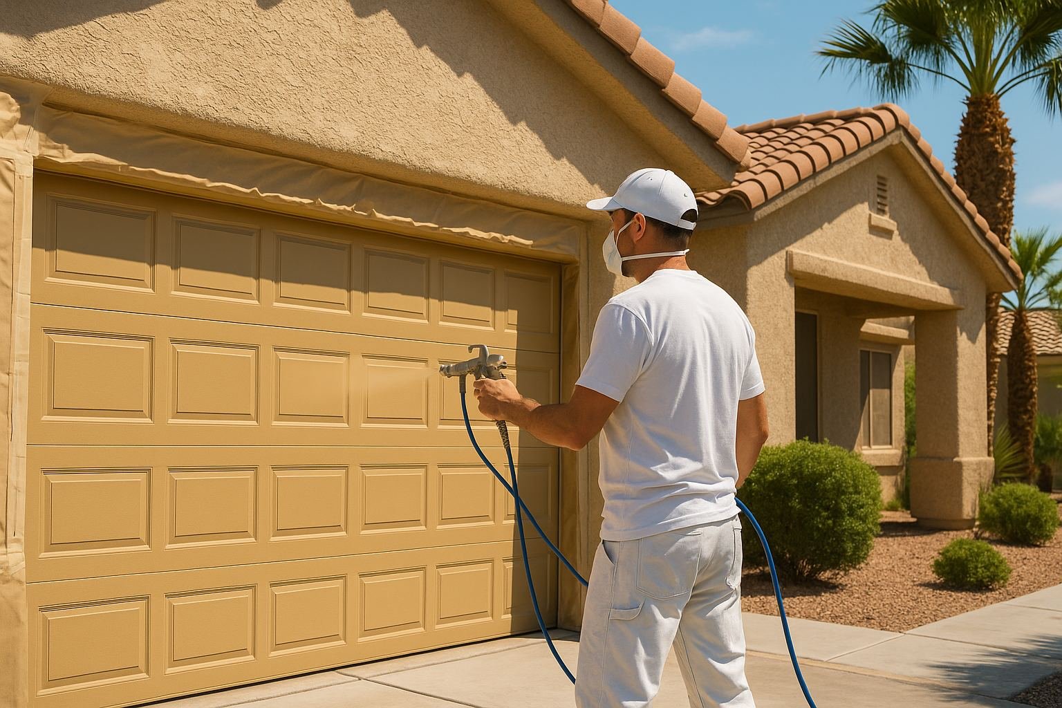 Painter spraying a fresh coat of desert-tan paint onto a residential metal garage door in Henderson, NV